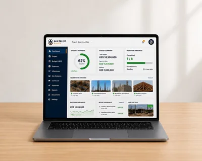 Dashboard showing project overview, budget, milestones, and live site evidence.